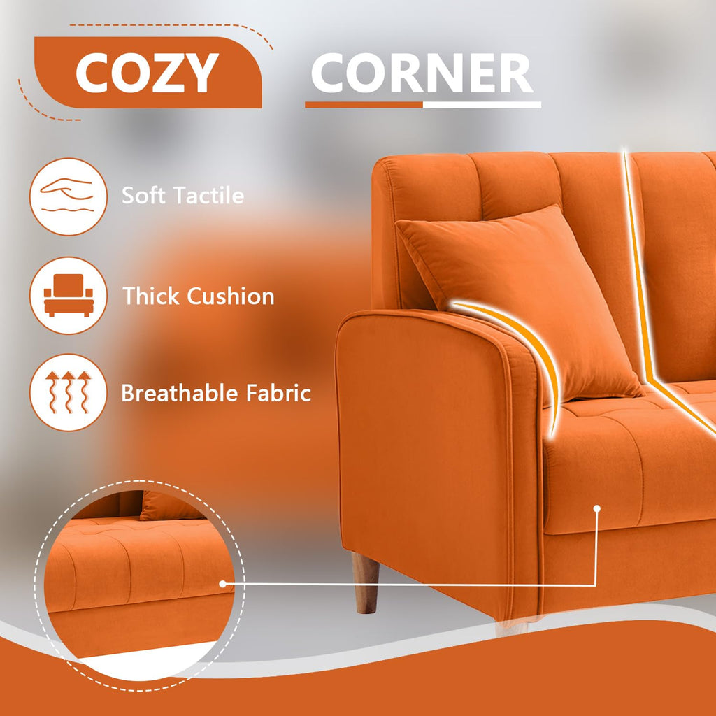 52" Orange Velvet 2 Seater Sofa with 2 Pillows A320887