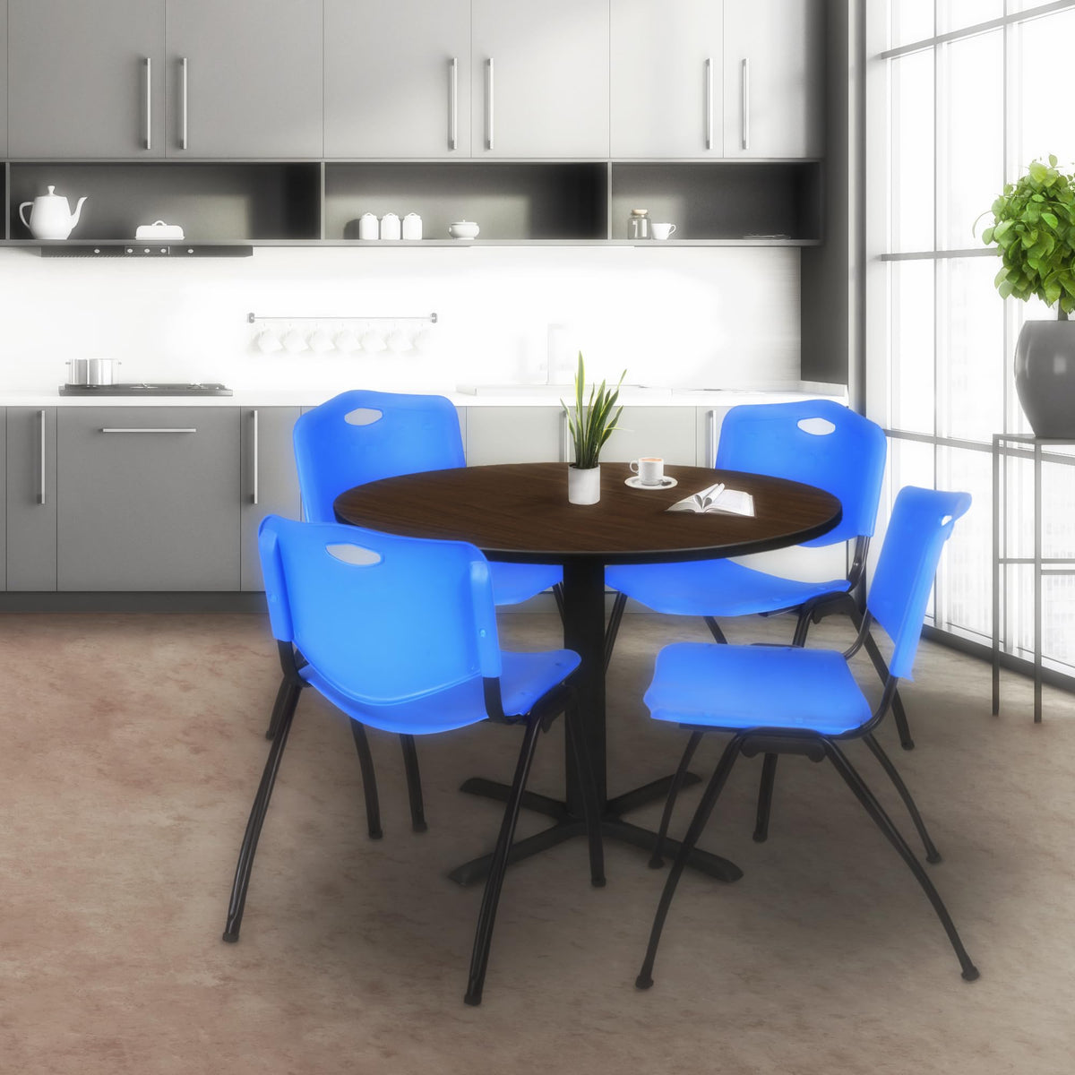 48 in. Round Breakroom Table with Laminate Top and Steel X-Base D344074
