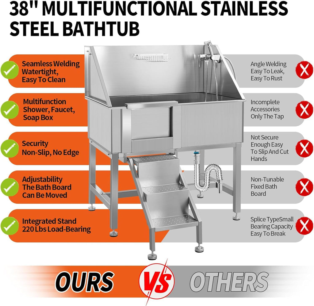 38" Stainless Steel Dog Grooming Tub with Anti-Slip Stairs I240