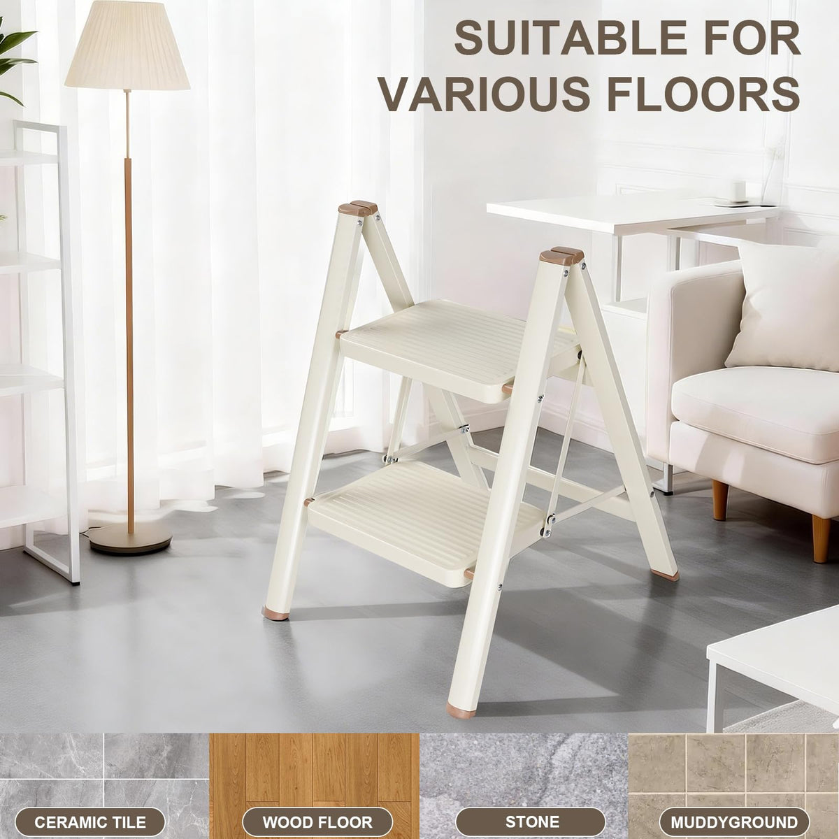 2 Step Ladder Folding Step Stool with Anti-Slip Pedal 330LBS Capacity Cream White A566152