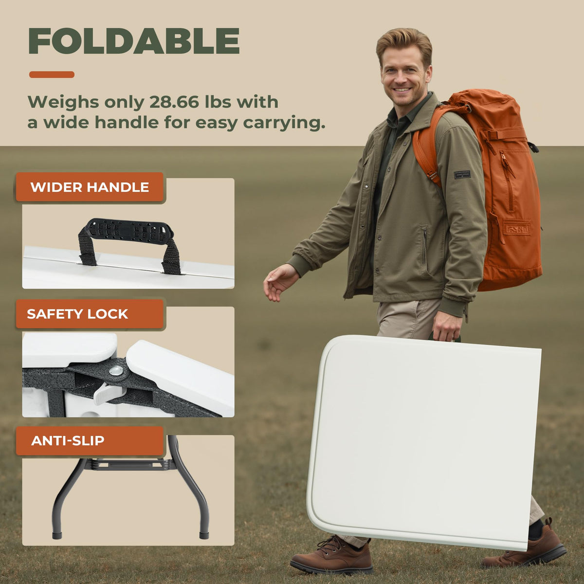 6FT Folding Table with Carry Handle, White, 1 Pack E90782