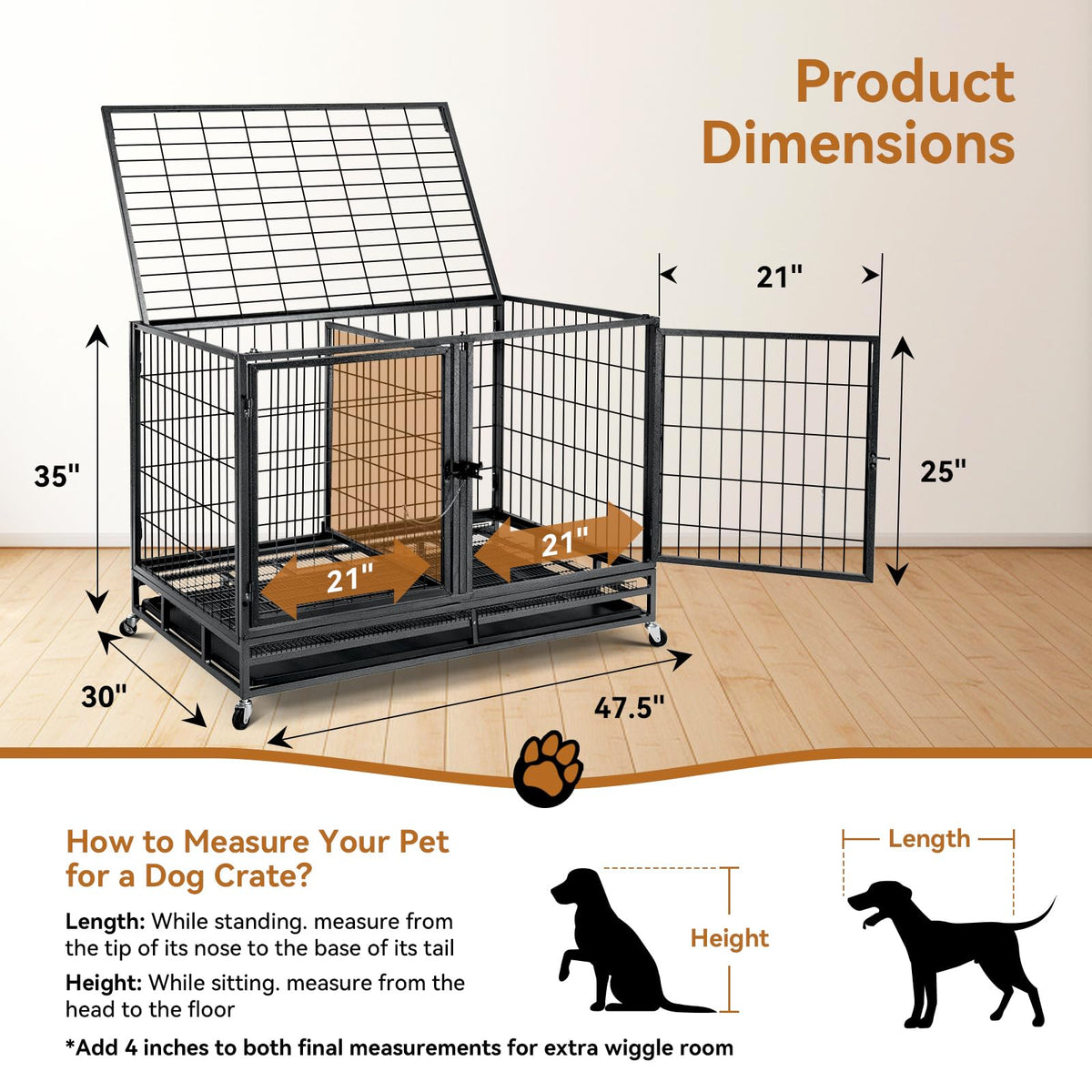 48 inch Large Wire Dog Crate with Lockable Wheels B698253