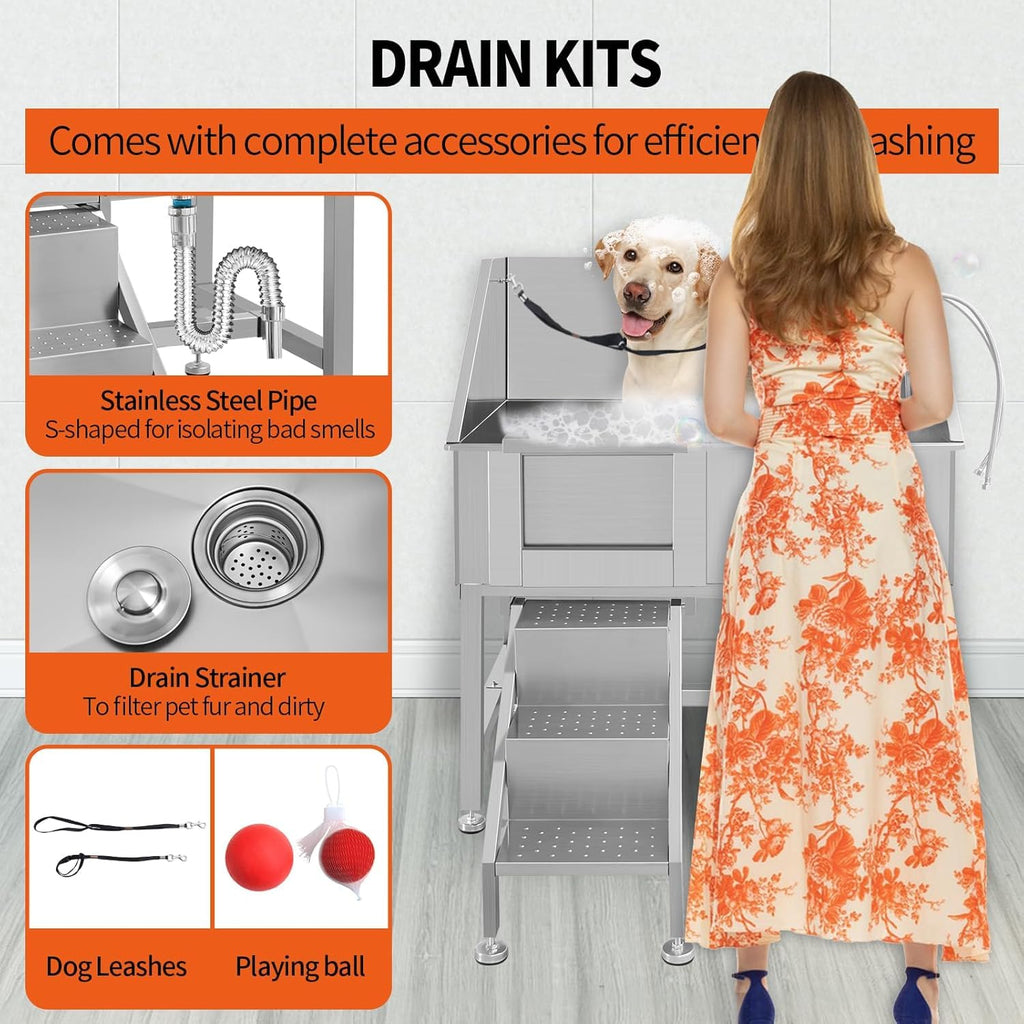 38" Stainless Steel Dog Grooming Tub with Anti-Slip Stairs I240