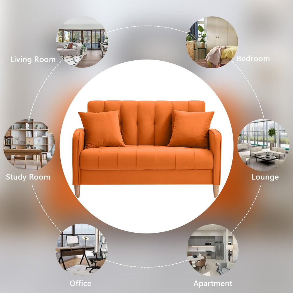 52" Orange Velvet 2 Seater Sofa with 2 Pillows A320887