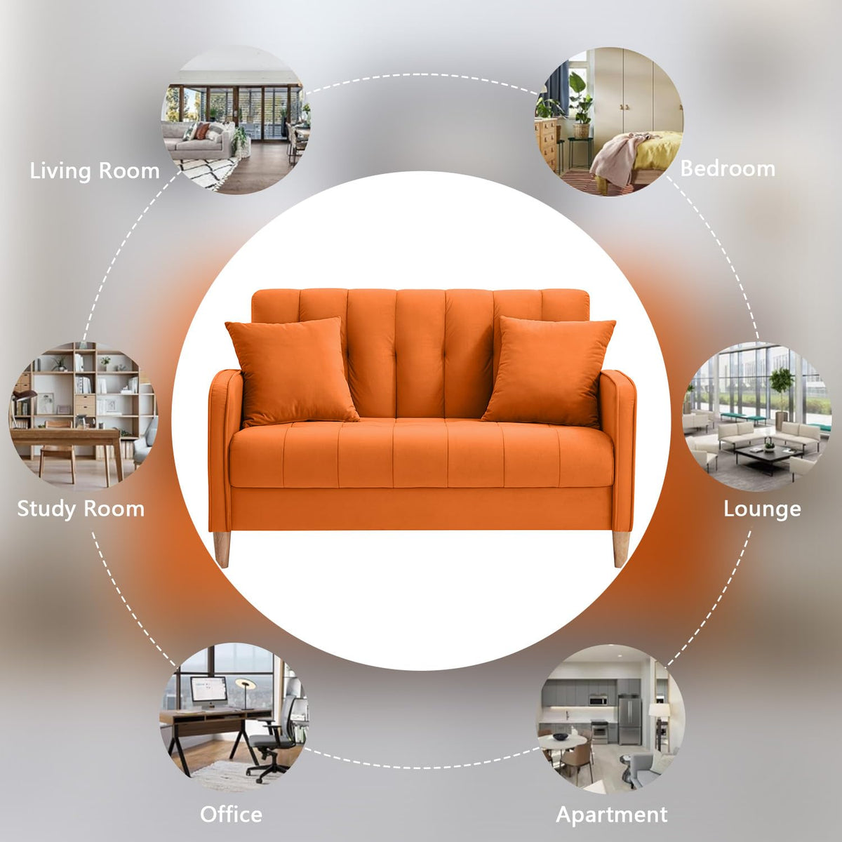 52" Orange Velvet 2 Seater Sofa with 2 Pillows A320887