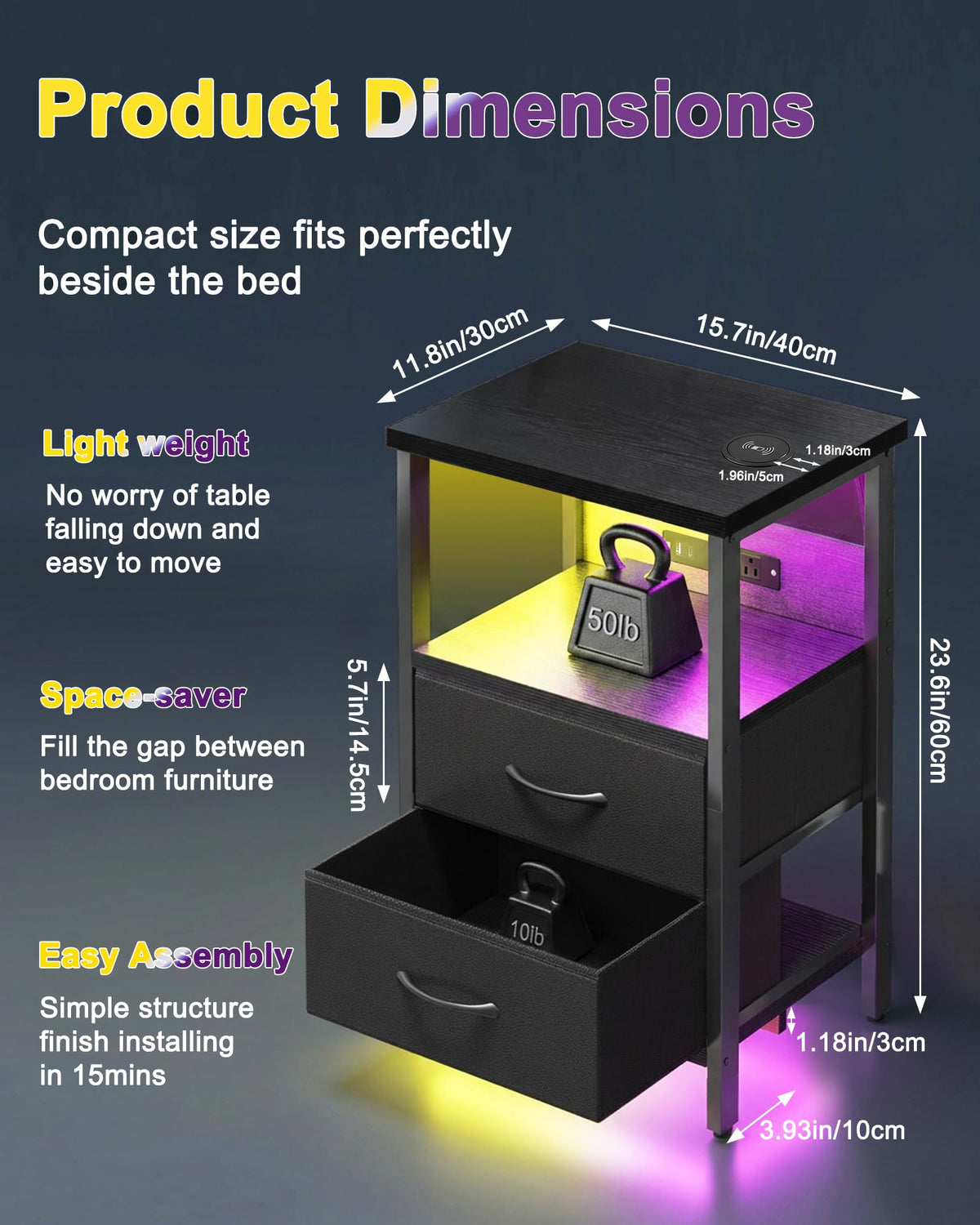 Black Smart Nightstand with Wireless Charging B87776