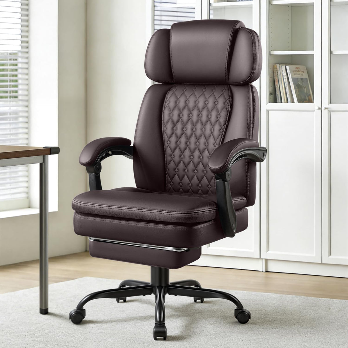 Brown High Back Ergonomic PU Leather Office Chair with Foot-Rest K2076