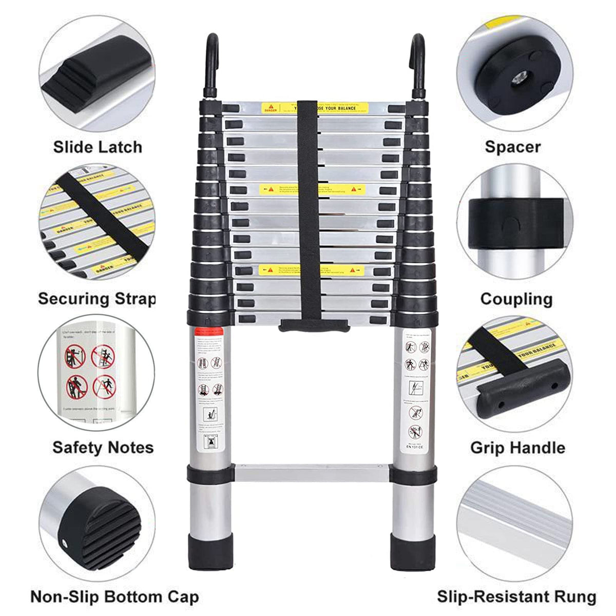Aluminum Telescoping Ladder with Hooks, 20.3FT One Button Retraction 330lbs Capacity F2643