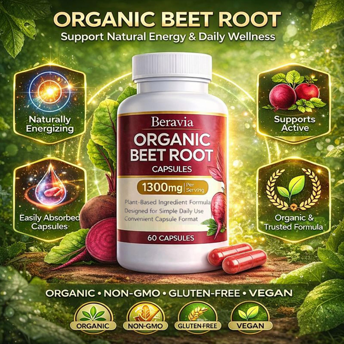 Organic Beet Root Capsules 1300 mg 60 Capsules P649