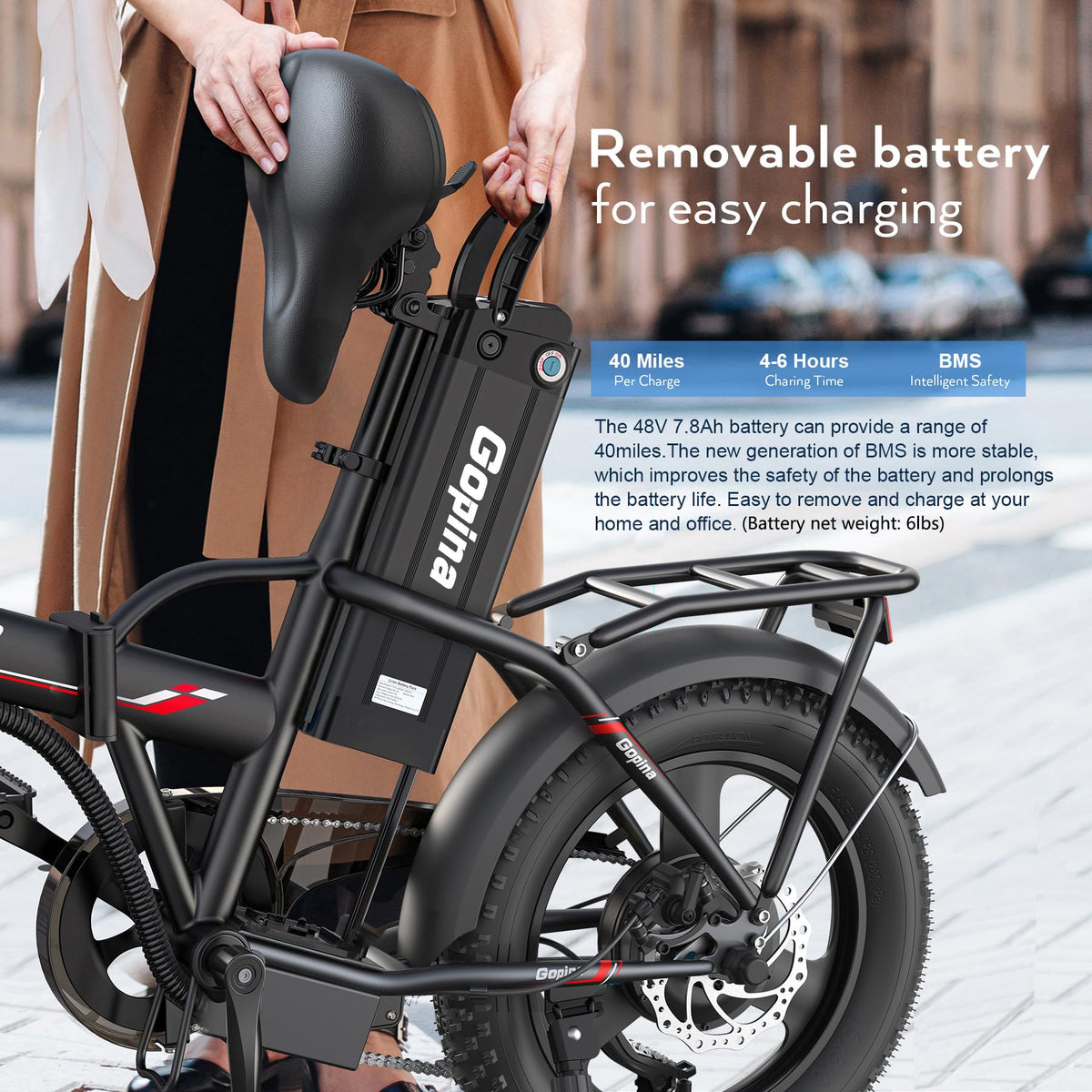Peak 500W Step Over Electric Bicycle, 16" x 3.0 Fat Tire, 48V Removable Battery, 7 Speed J855