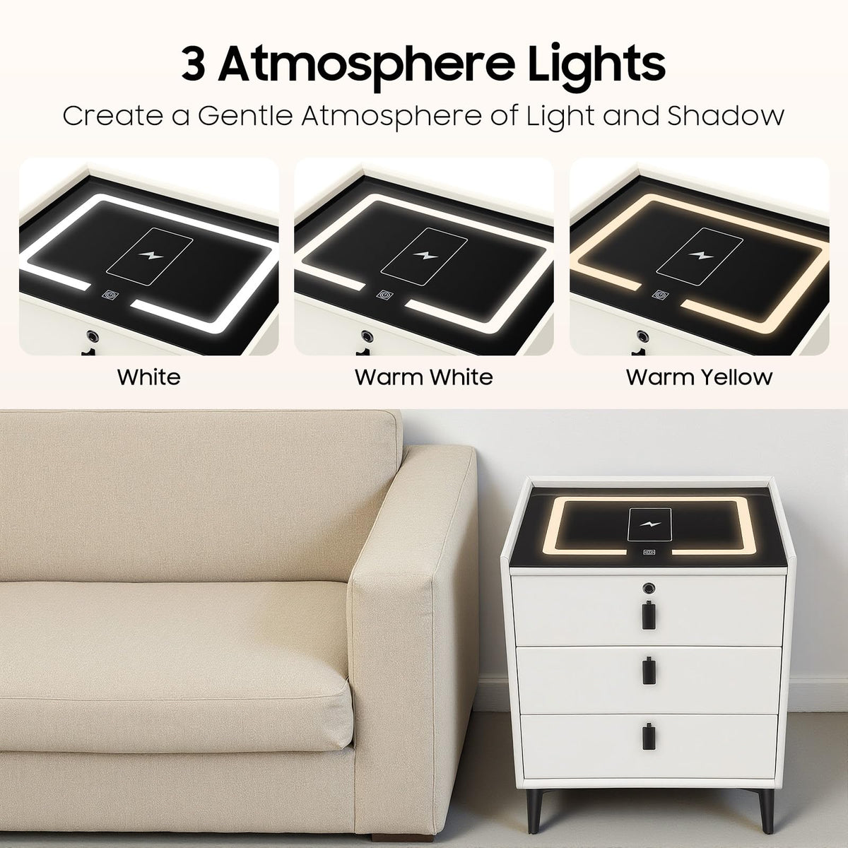 3 Drawers Nightstand with Fingerprint Lock and Wireless Charging I726779