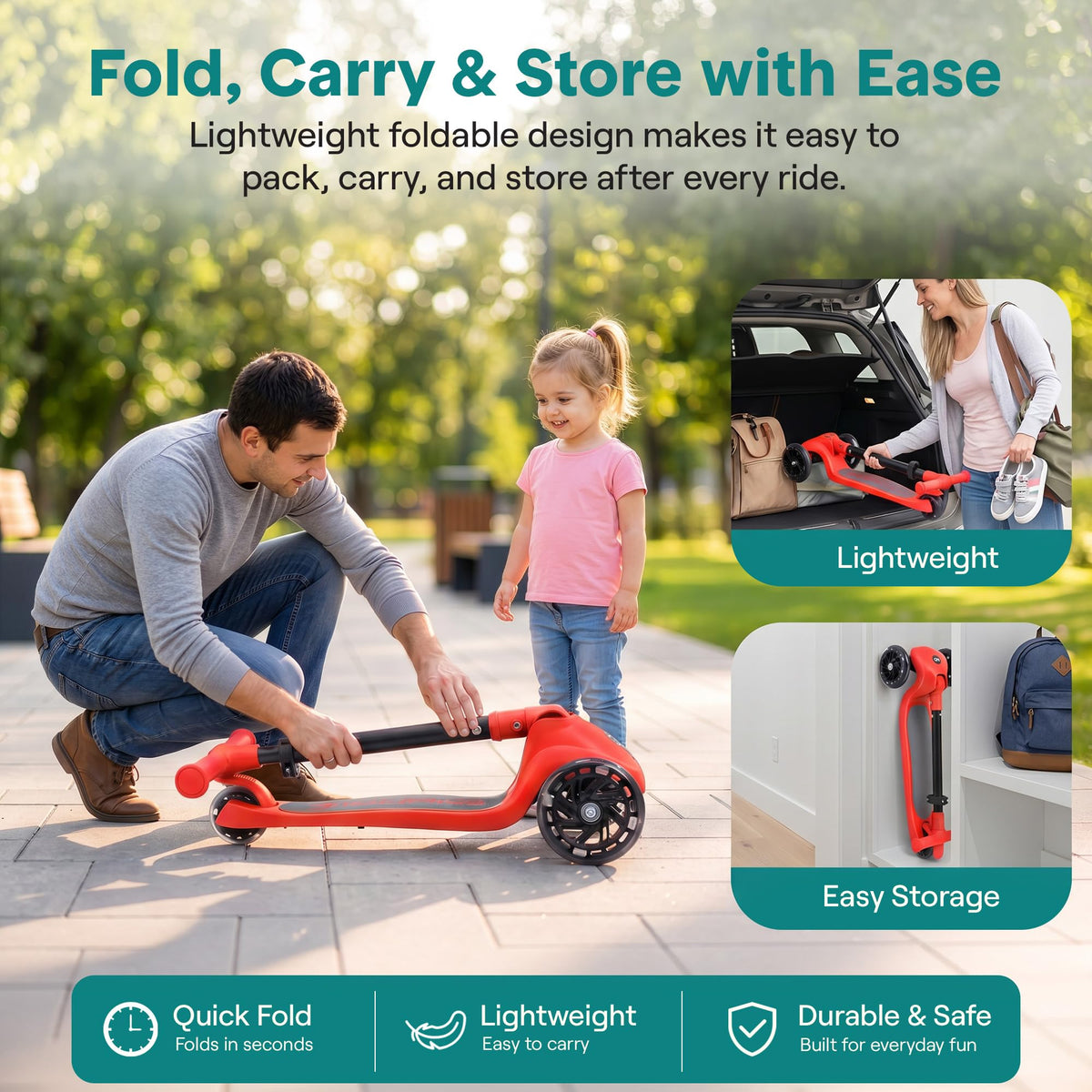 Foldable 3 Wheel Scooter with LED Wheels, Adjustable Handlebar, Red E407