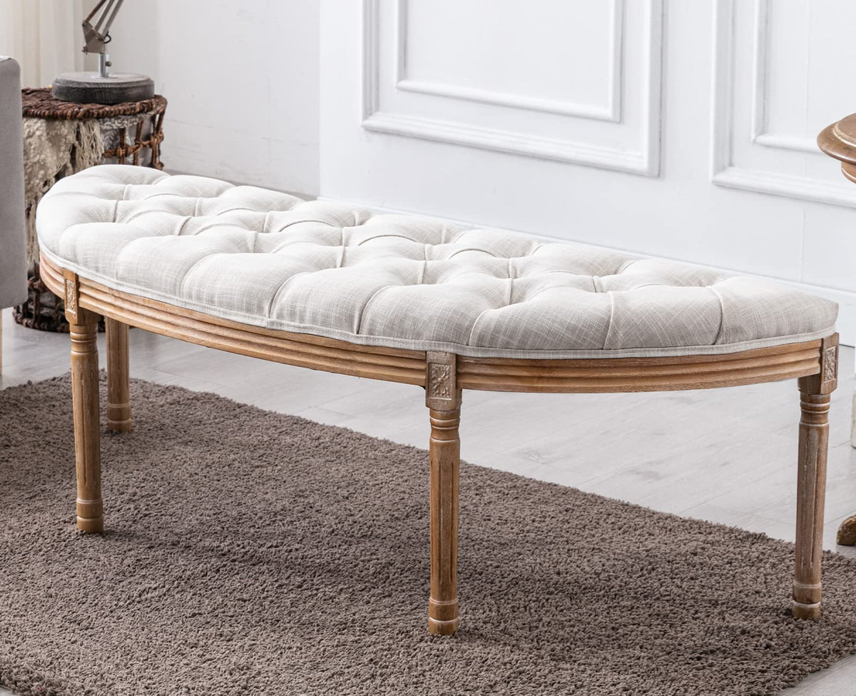 55" Upholstered Tufted Fabric Bench with Rubber Wood Legs, Beige U725