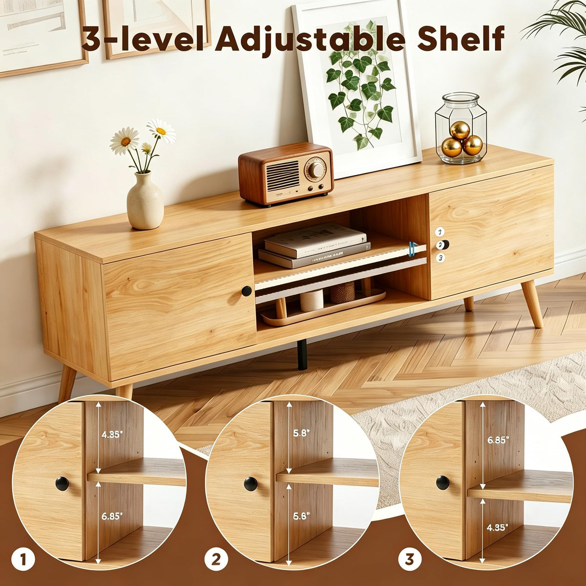 55 60 inch Wood TV Stand with 2 Cabinets H7467
