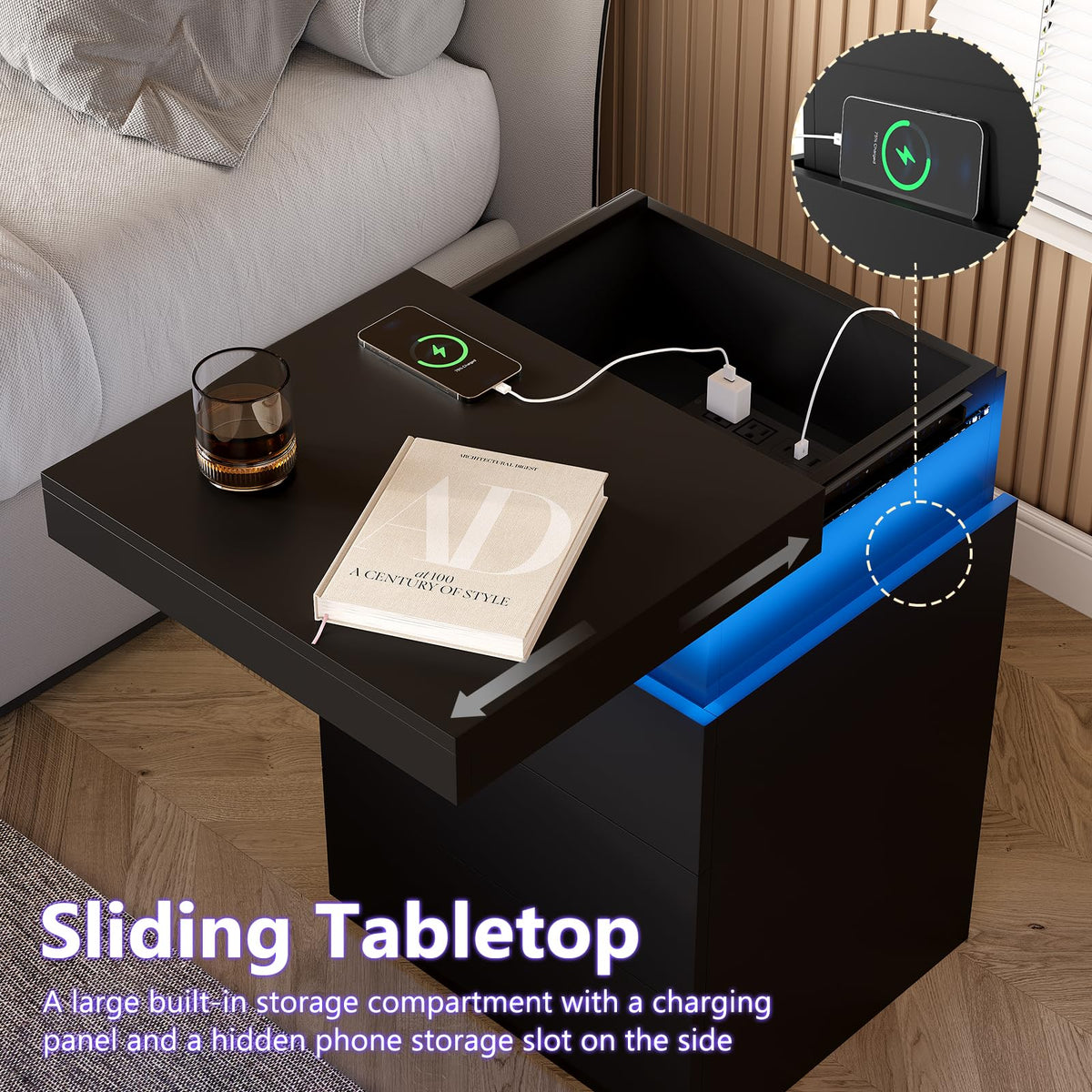 Black Nightstand with Charging Station W807057