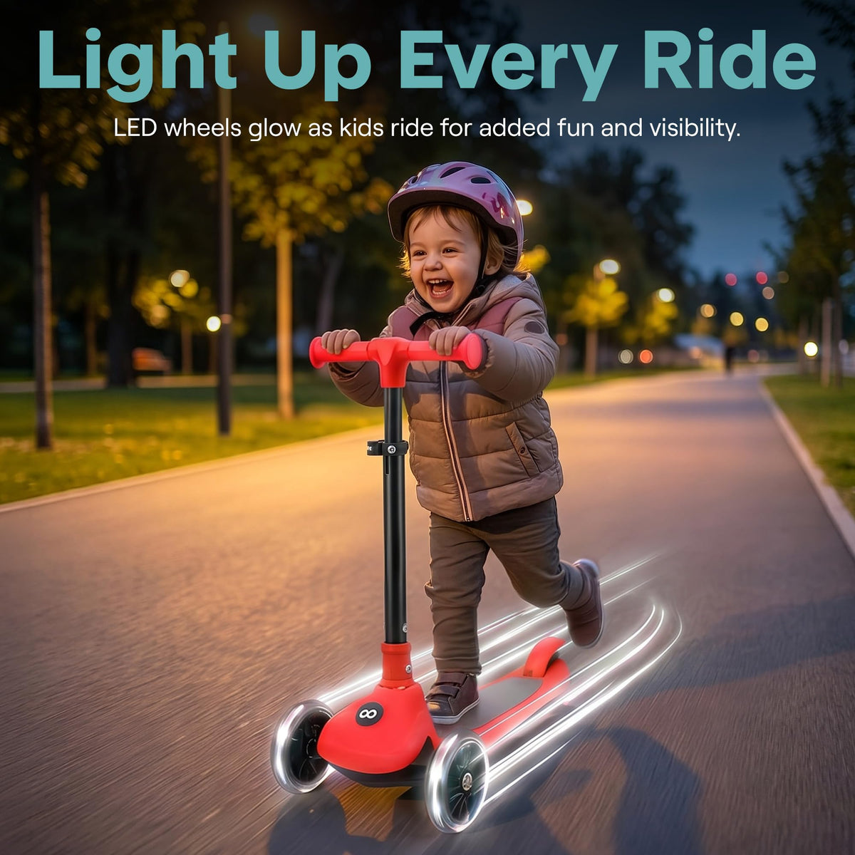 Foldable 3 Wheel Scooter with LED Wheels, Adjustable Handlebar, Red E407