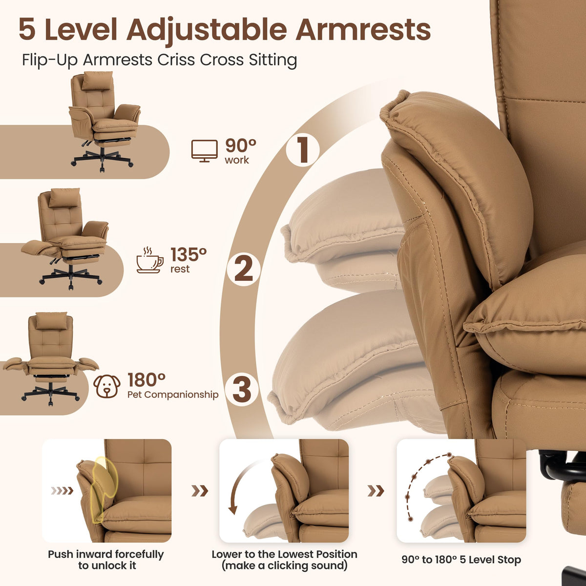 Brown Office Chair with Foot Rest & Flip Armrests E807