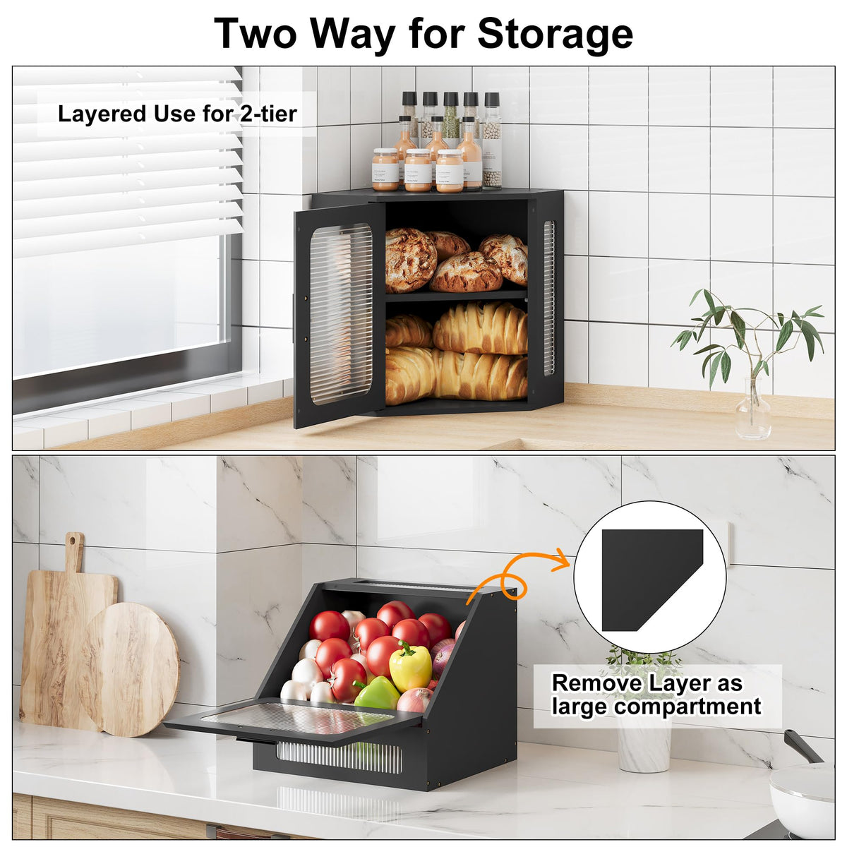 Large Black Wooden Bread Box with Acrylic Window E998