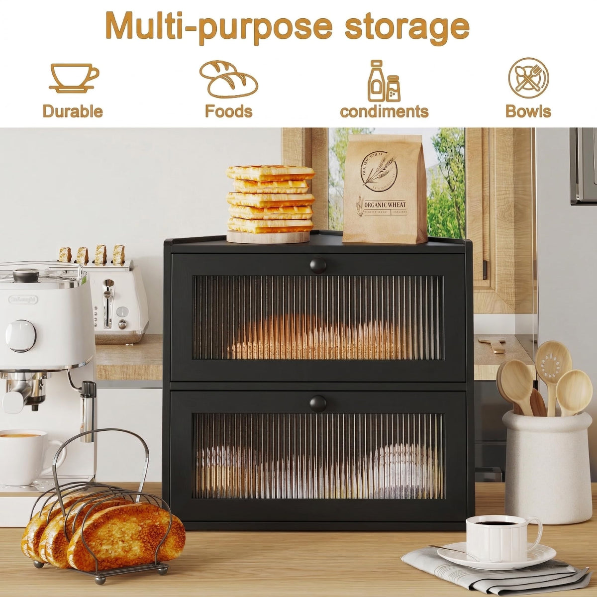 Double Layer Bamboo Bread Box with Wavy Windows A504