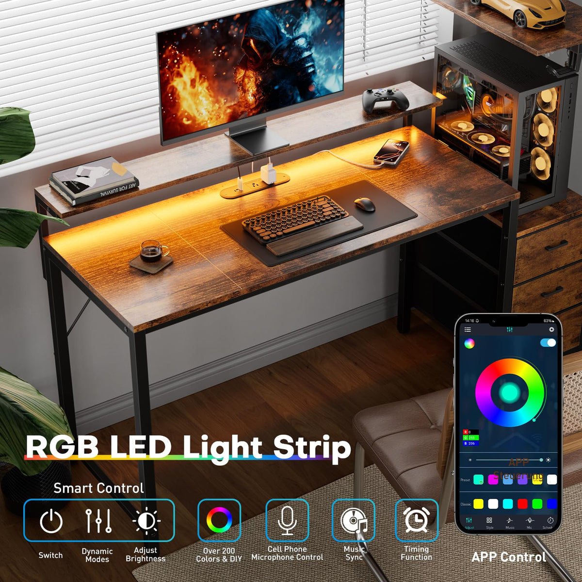 44 Inch Gaming Desk with Power Outlets & LED Lights C8003
