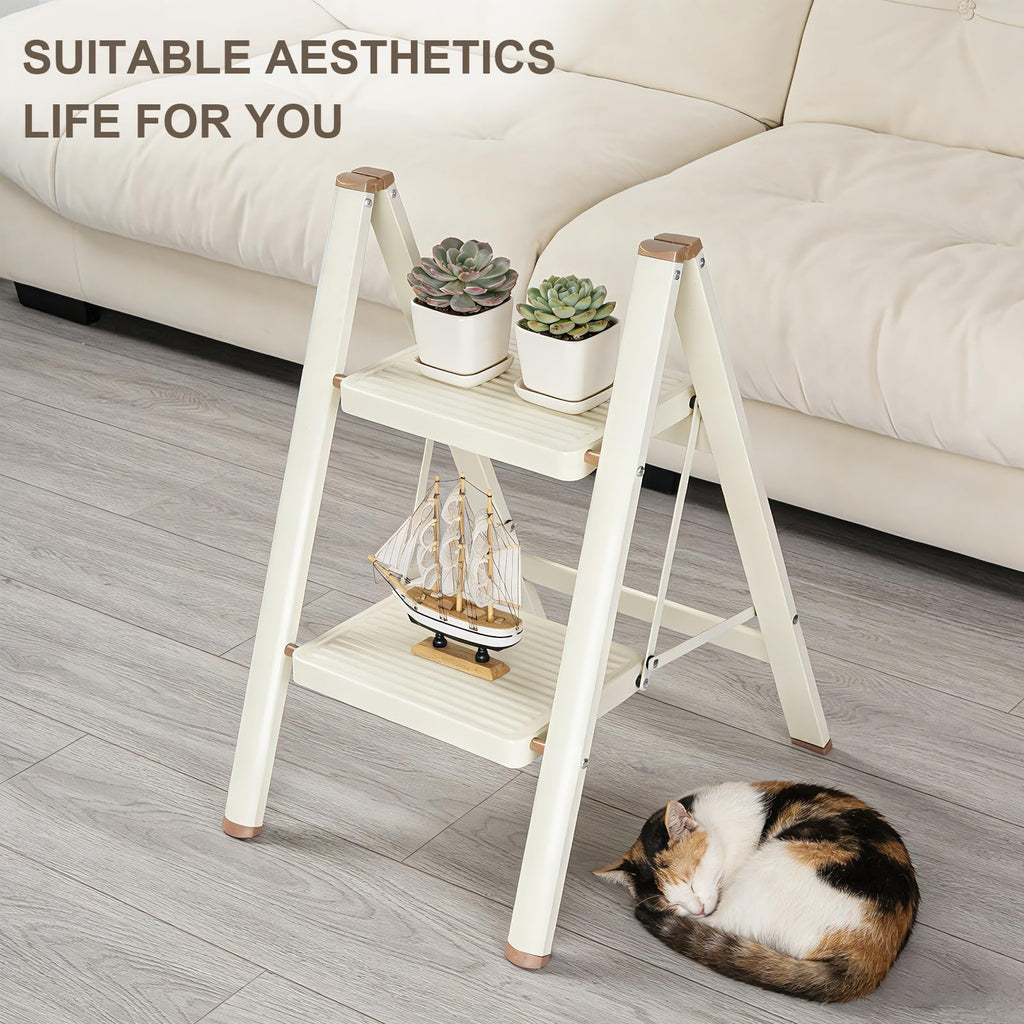 2 Step Ladder Folding Step Stool with Anti-Slip Pedal 330LBS Capacity Cream White A566152