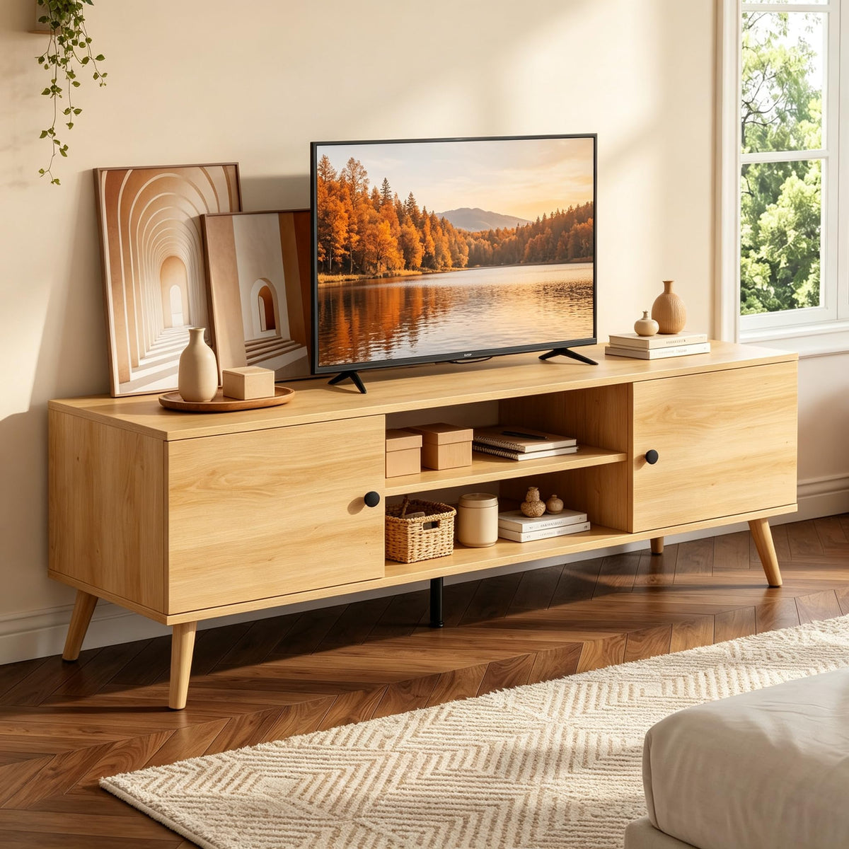 55 60 inch Wood TV Stand with 2 Cabinets H7467