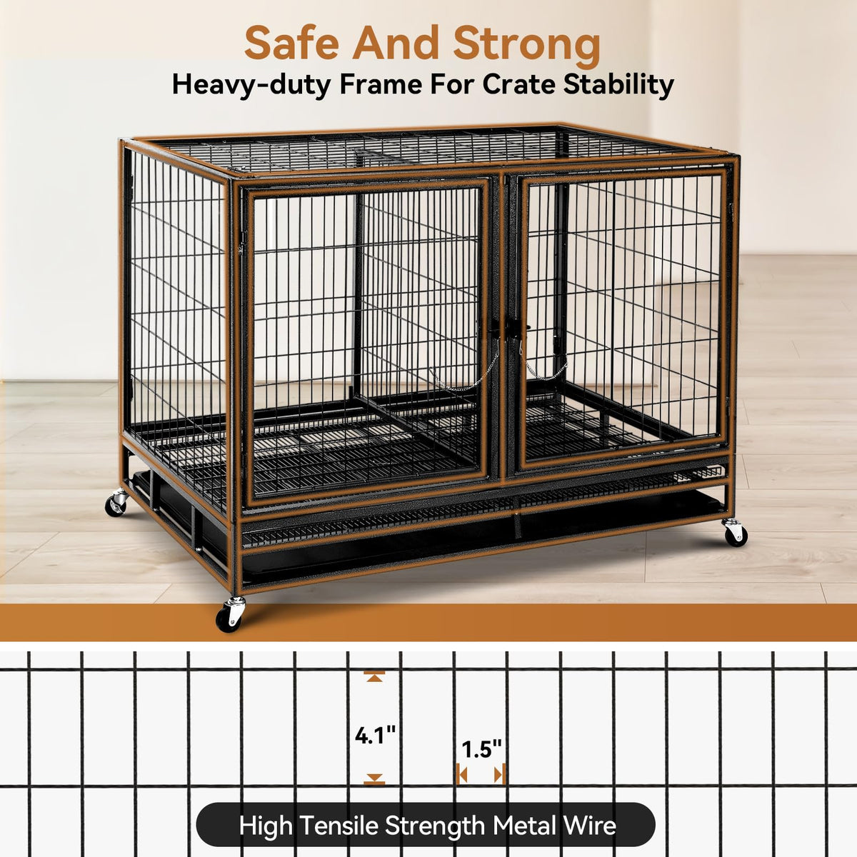 48 inch Large Wire Dog Crate with Lockable Wheels B698253