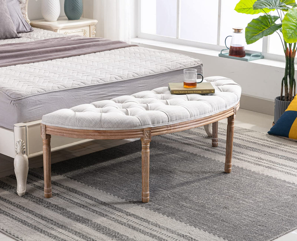 55" Upholstered Tufted Fabric Bench with Rubber Wood Legs, Beige U725