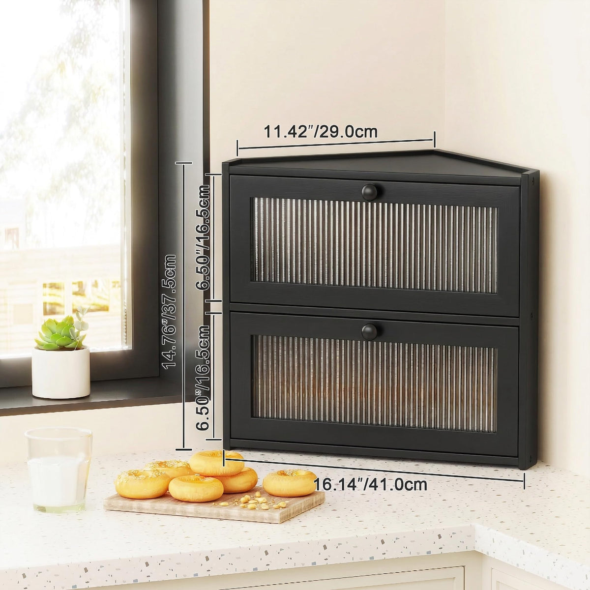 Double Layer Bamboo Bread Box with Wavy Windows A504