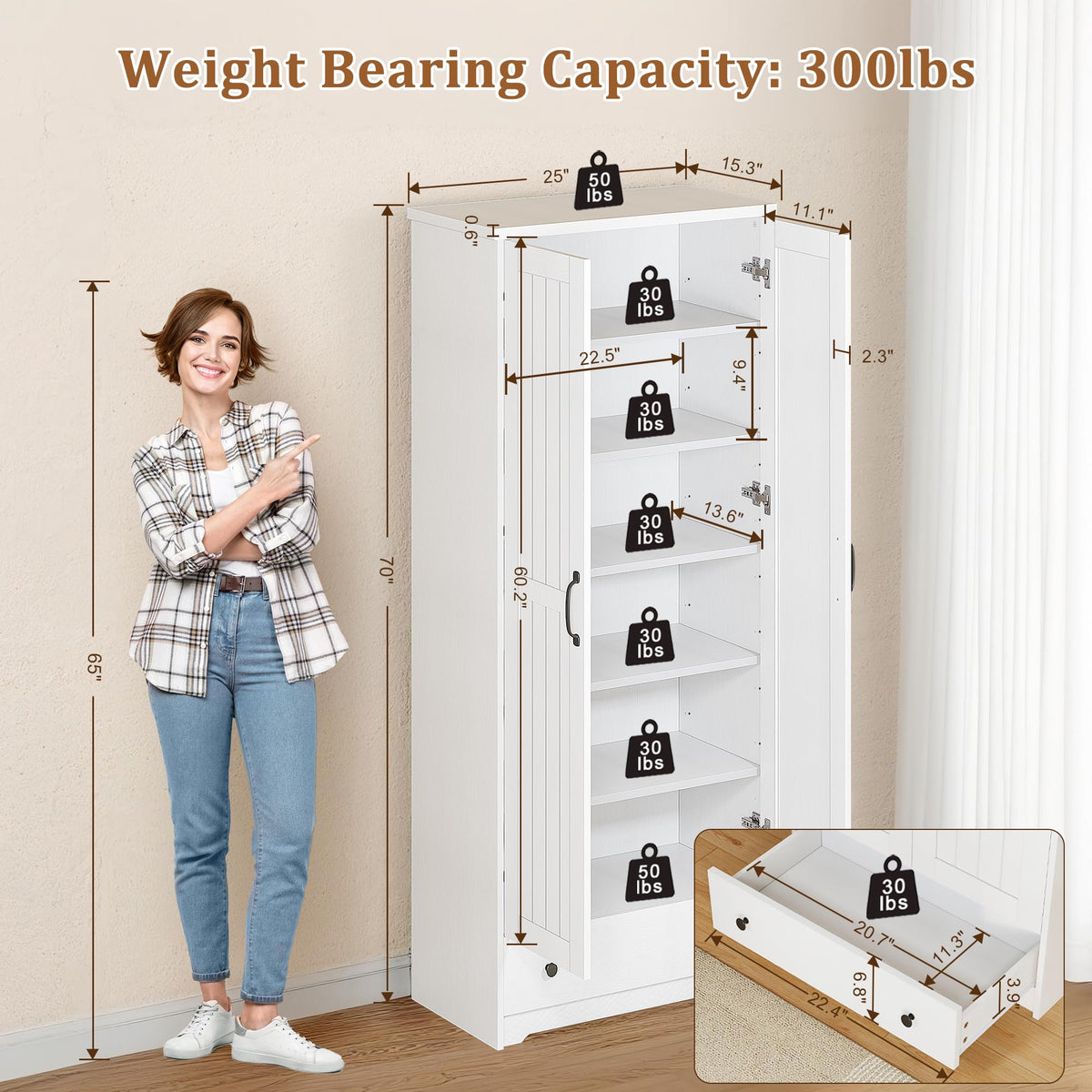 70" Tall Wood Storage Cabinet with 6 Adjustable Shelves Q515