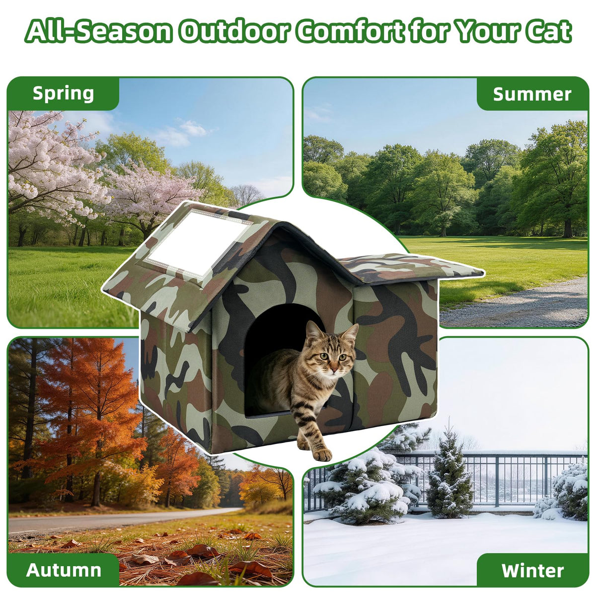 Large Weatherproof Outdoor Cat House with Door and Soft Mat Q7374