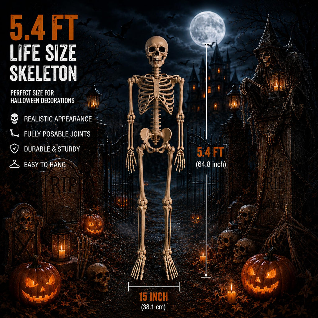 5.4 ft Posable Halloween Skeleton with Movable Joints D339981