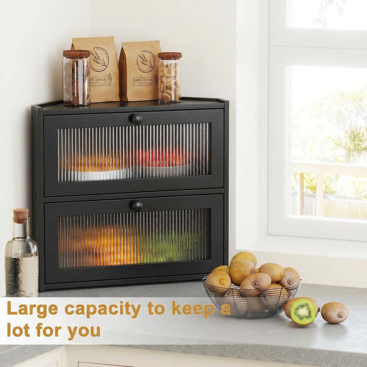 Double Layer Bamboo Bread Box with Wavy Windows A504