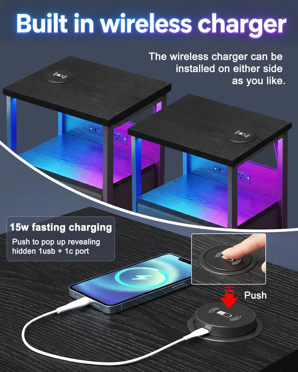 Black Smart Nightstand with Wireless Charging B87776