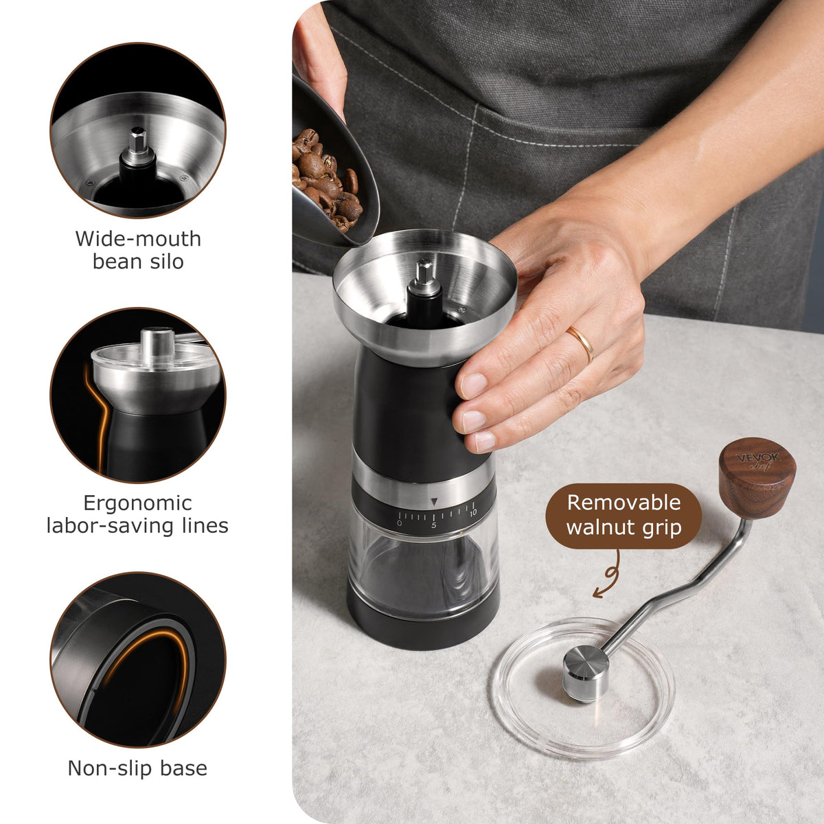 Manual Coffee Grinder Stainless Steel Conical Burr M42345
