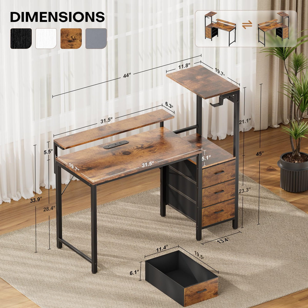 44 Inch Gaming Desk with Power Outlets & LED Lights C8003