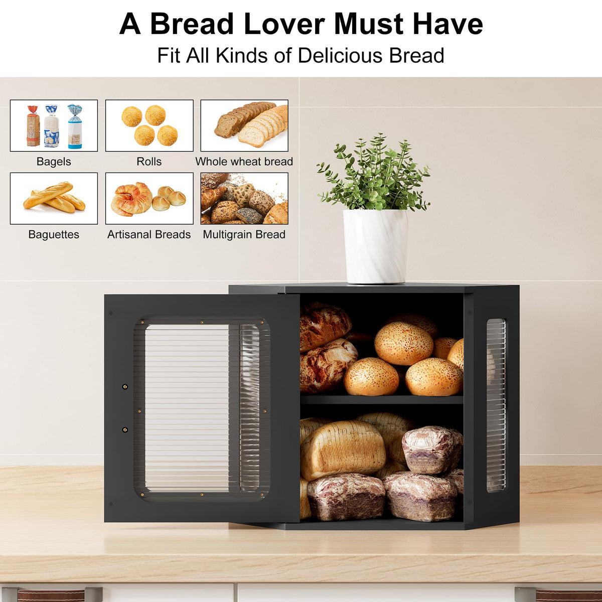 Large Black Wooden Bread Box with Acrylic Window E998