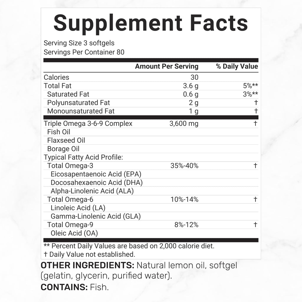 Omega 3-6-9 Fish Oil 3,600mg 240 Softgels Lemon Flavored D309960