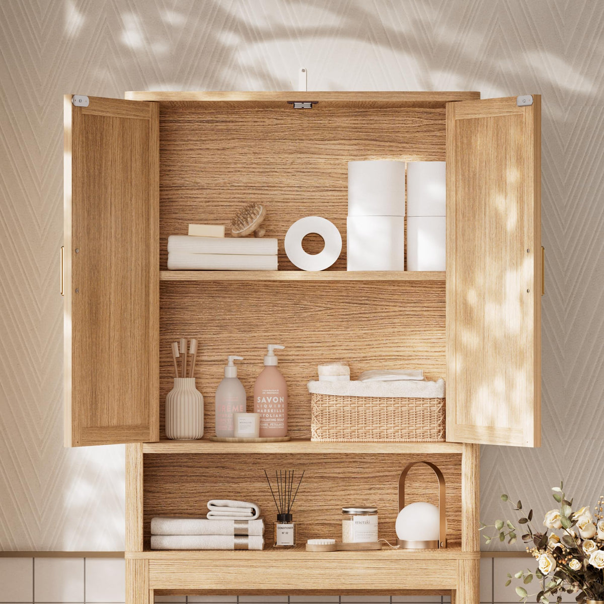 Over the Toilet Storage Cabinet with Rattan Doors G879153