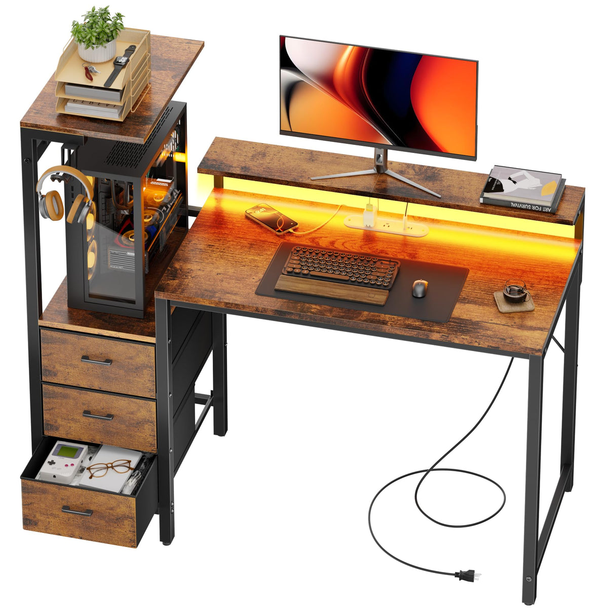 44 Inch Gaming Desk with Power Outlets & LED Lights C8003