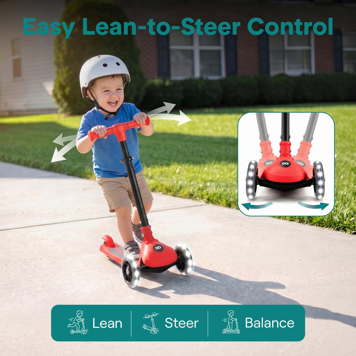 Foldable 3 Wheel Scooter with LED Wheels, Adjustable Handlebar, Red E407