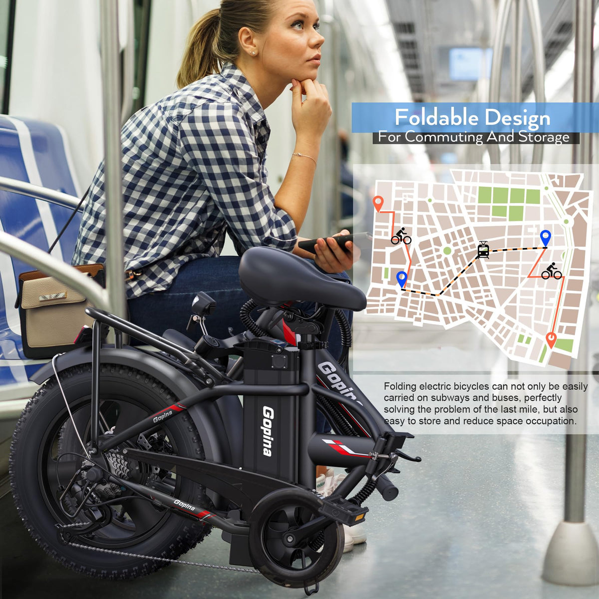 Peak 500W Step Over Electric Bicycle, 16" x 3.0 Fat Tire, 48V Removable Battery, 7 Speed J855