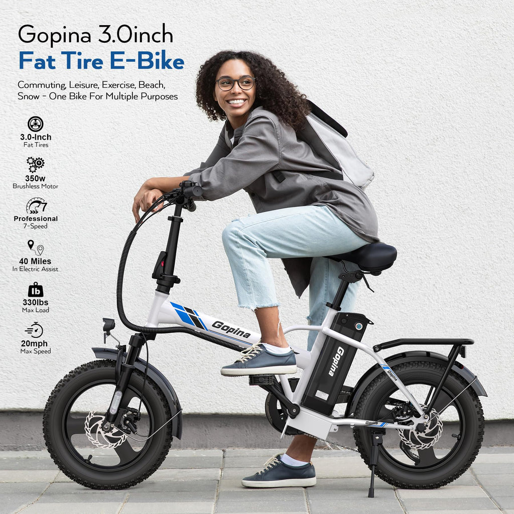 Peak 500W Step Over Electric Bicycle, 16" x 3.0 Fat Tire, 48V Removable Battery, 7 Speed J855