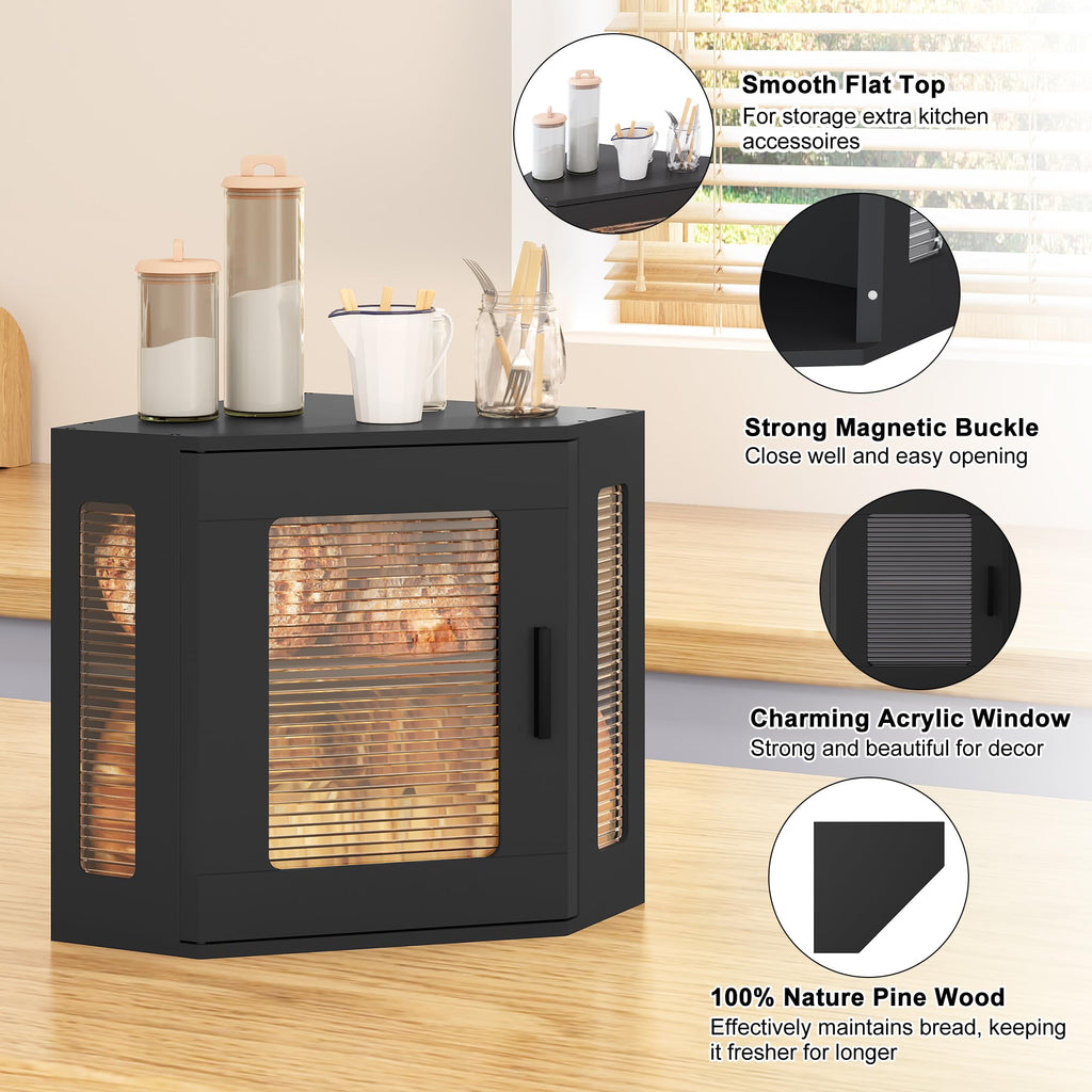 Large Black Wooden Bread Box with Acrylic Window E998
