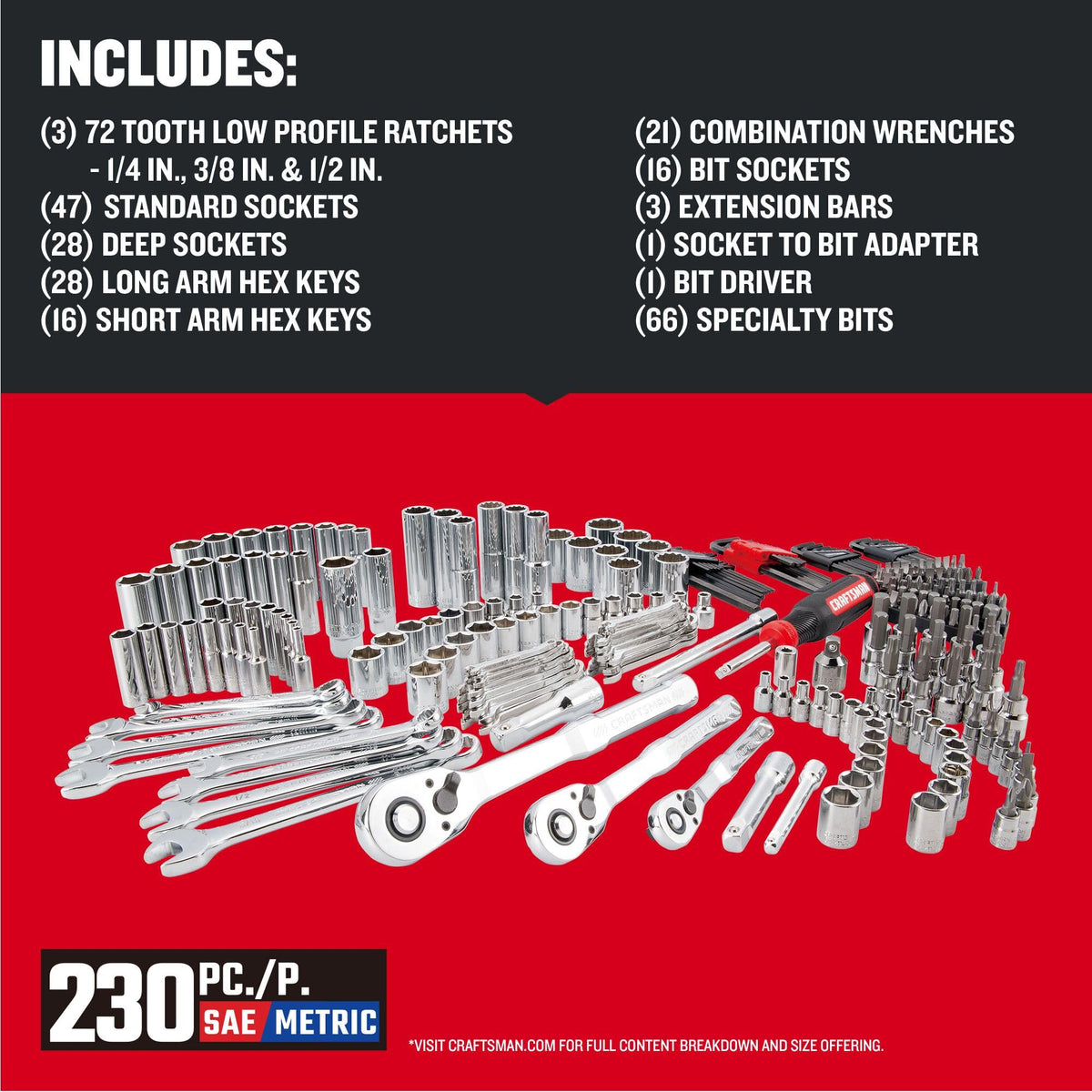 230 Pcs Mechanics Tool Set Socket Wrench Set with Toolbox L872717