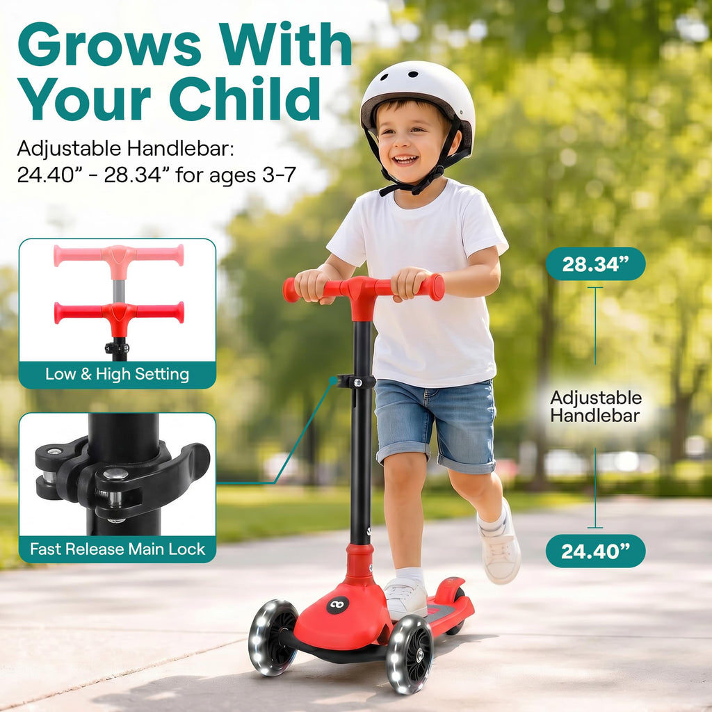 Foldable 3 Wheel Scooter with LED Wheels, Adjustable Handlebar, Red E407
