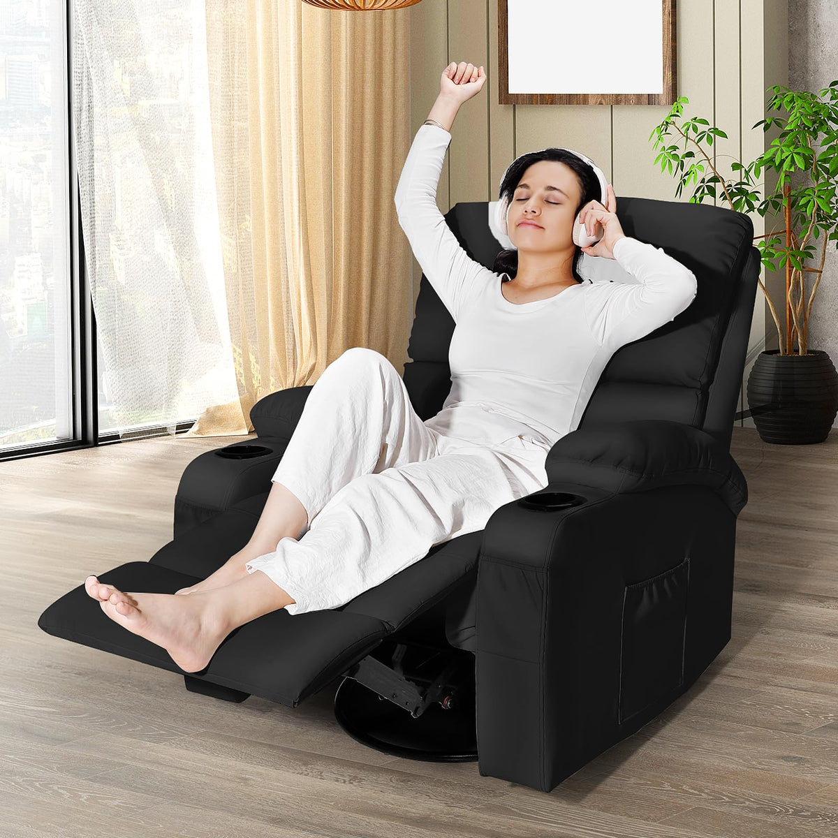Black Faux Leather Massage Rocking Recliner Chair O885