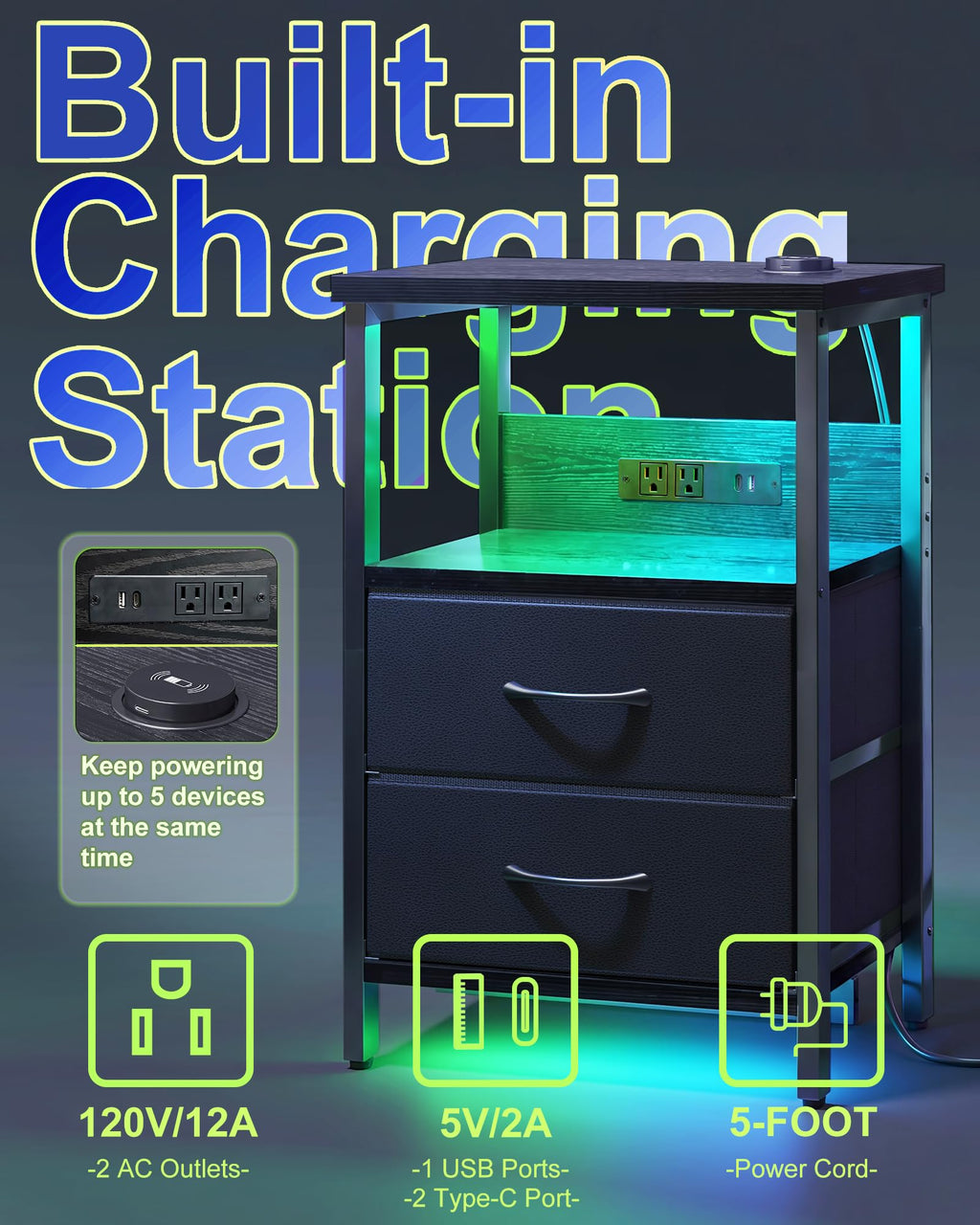 Black Smart Nightstand with Wireless Charging B87776
