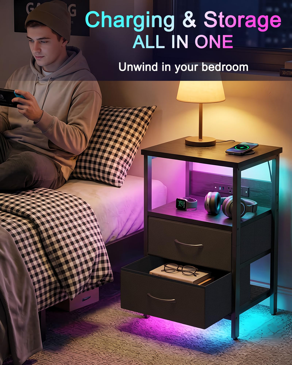 Black Smart Nightstand with Wireless Charging B87776