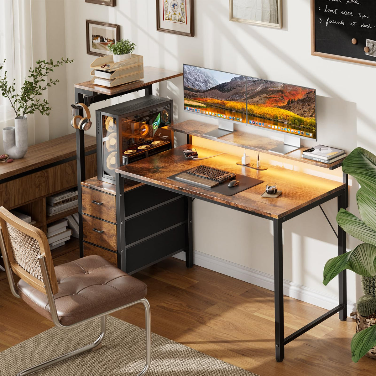 44 Inch Gaming Desk with Power Outlets & LED Lights C8003